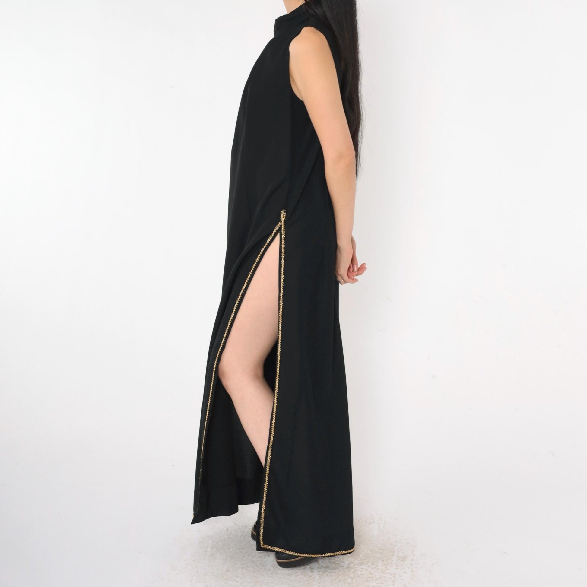 70s Black Evening Gown Gold Trim High Mock Neck Maxi Side Slits Large