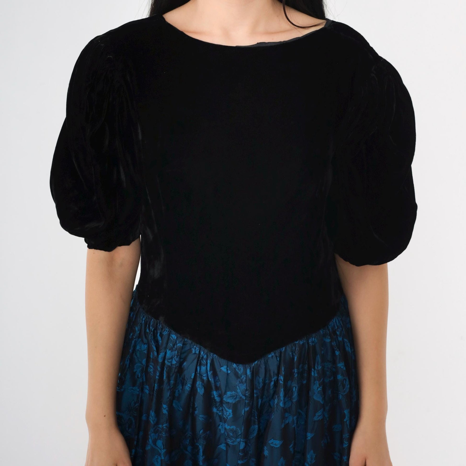 80s Black Velvet Puff Sleeve Dress Blue Floral Jacquard Midi V Back Small