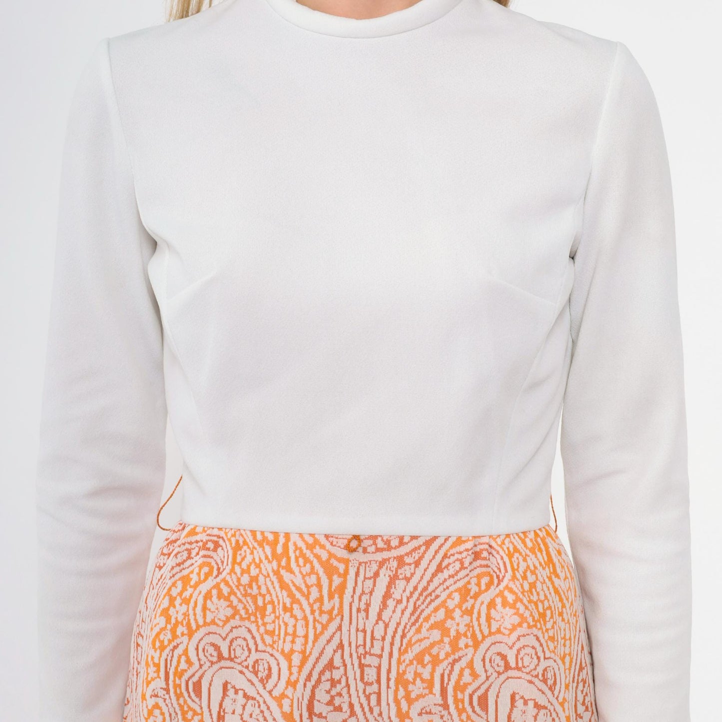 60s Paisley Dress with Matching Fringe Scarf Mock Neck Orange White Extra Small