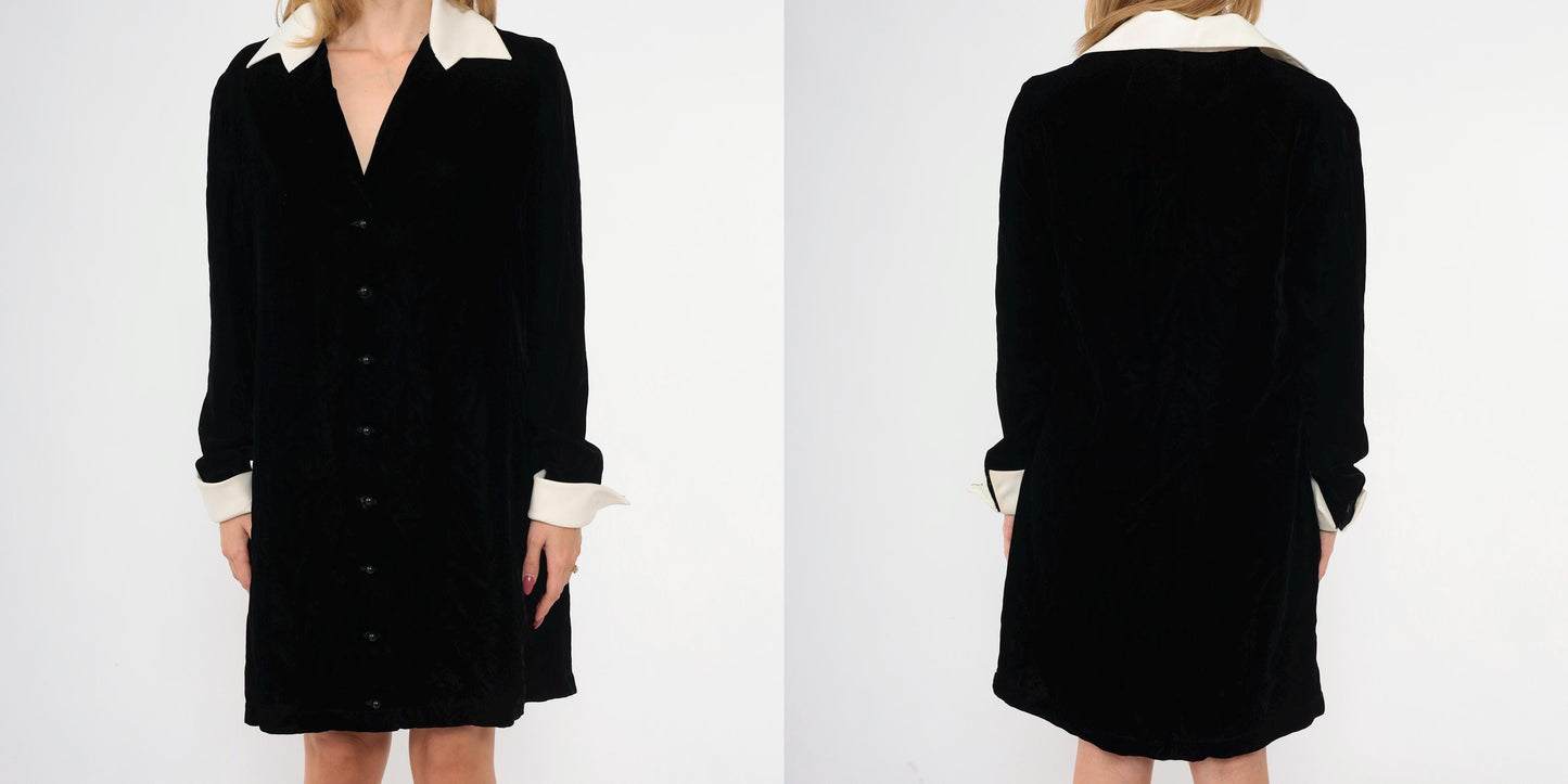 90s Victor Costa Black Velvet Mini Dress White Collar Long Sleeve Medium