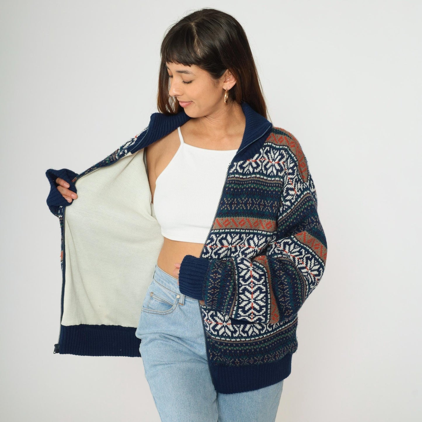 00s Fair Isle Cardigan Navy Blue Zip-Up Knit Sweater Large L