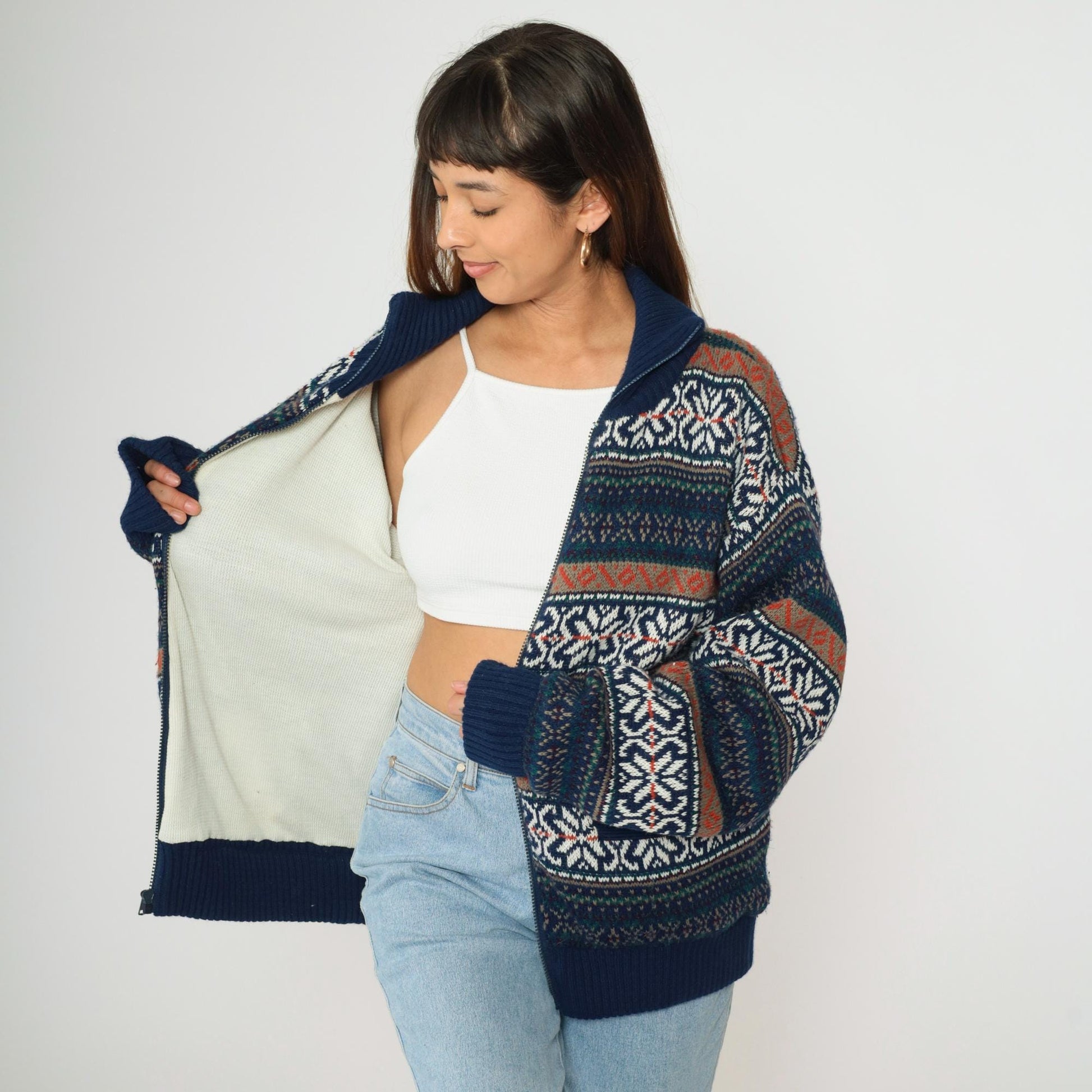00s Fair Isle Cardigan Navy Blue Zip-Up Knit Sweater Large L