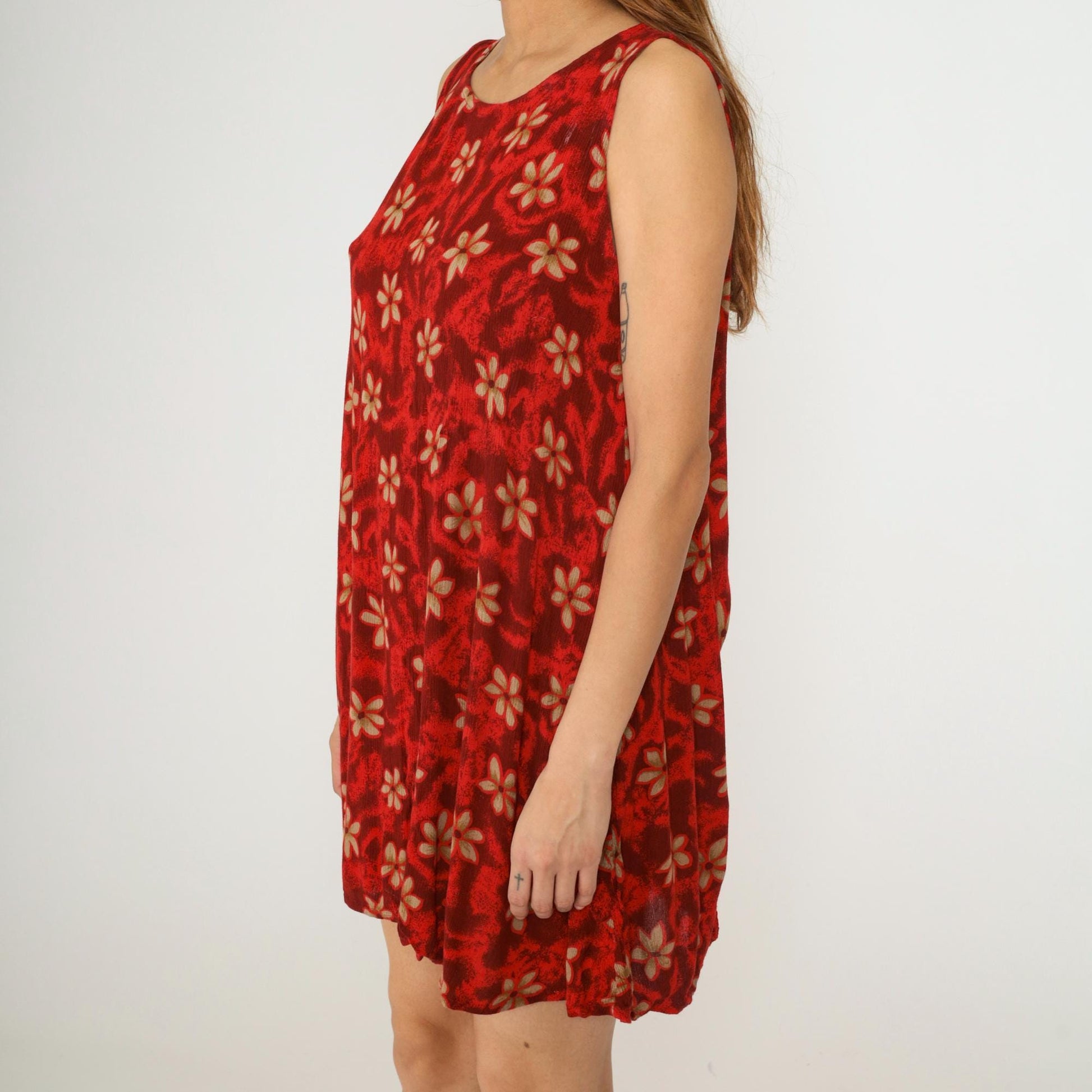 90s Red Floral Hawaiian Mini Dress Sleeveless A-Line Sundress Small