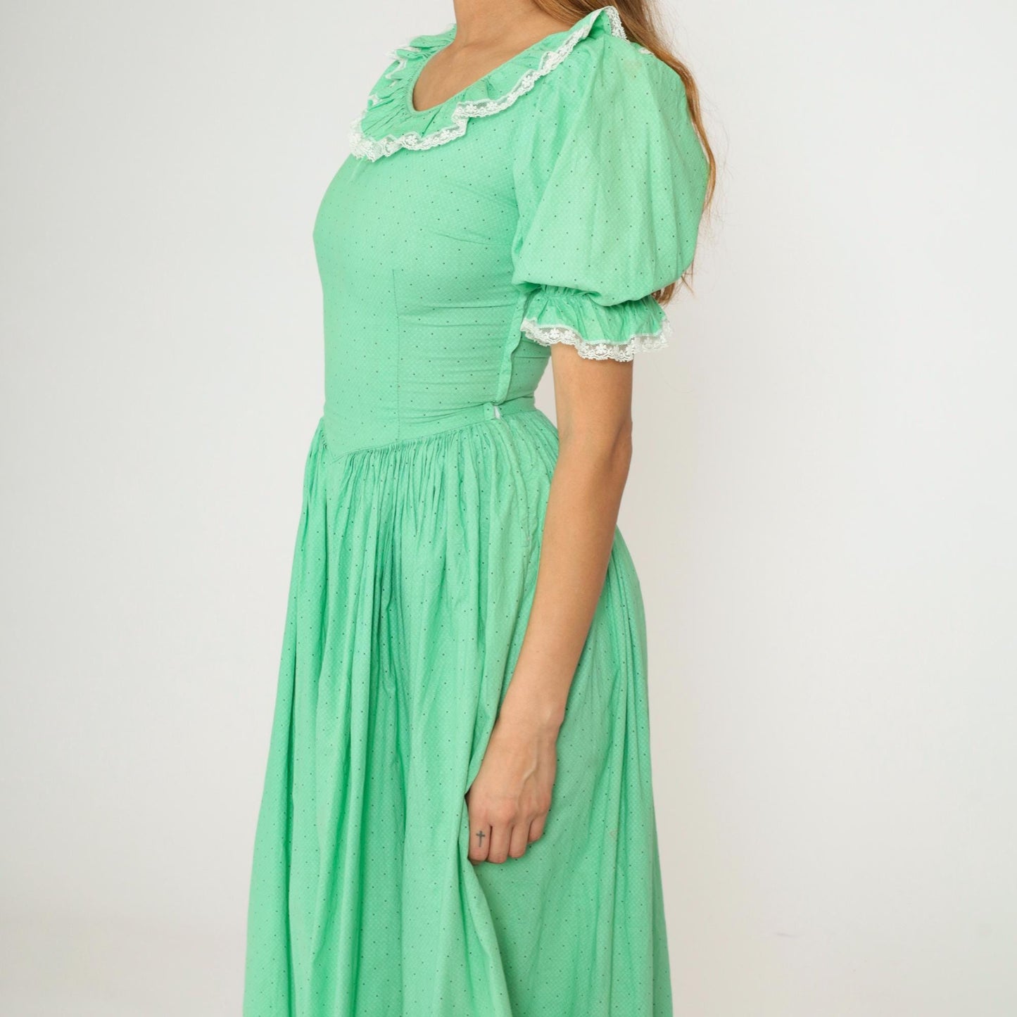 1960s Mint Green Polka Dot Puff Sleeve Maxi Dress High Waist Extra Small