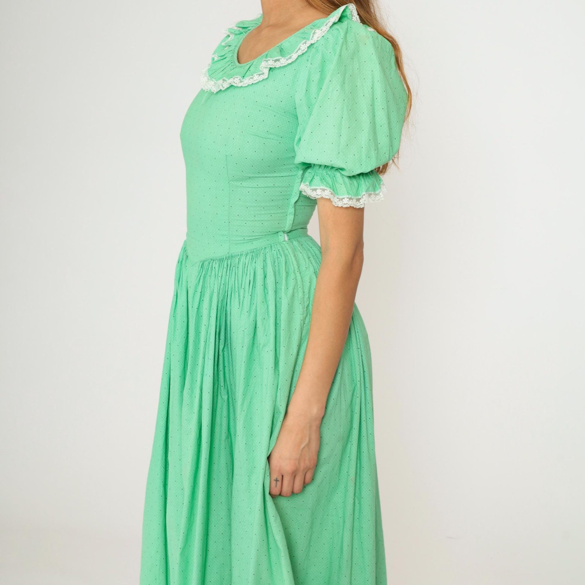 1960s Mint Green Polka Dot Puff Sleeve Maxi Dress High Waist Extra Small