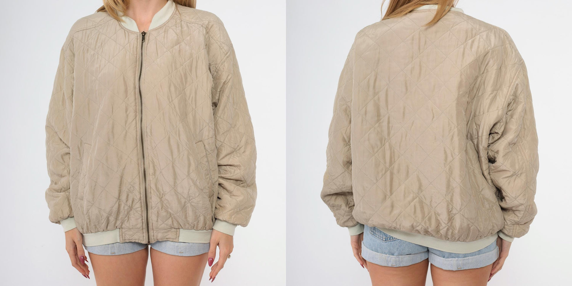 90s Taupe Quilted Silk Bomber Jacket Zip-Up Windbreaker Large L