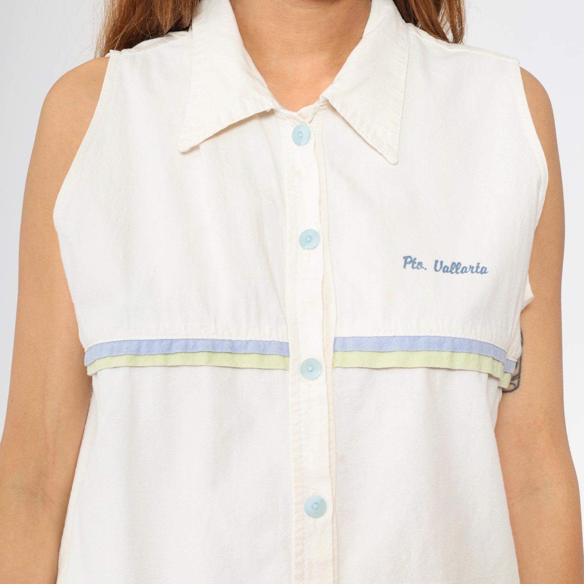90s Puerto Vallarta White Striped Sleeveless Button-Up Blouse Extra Large
