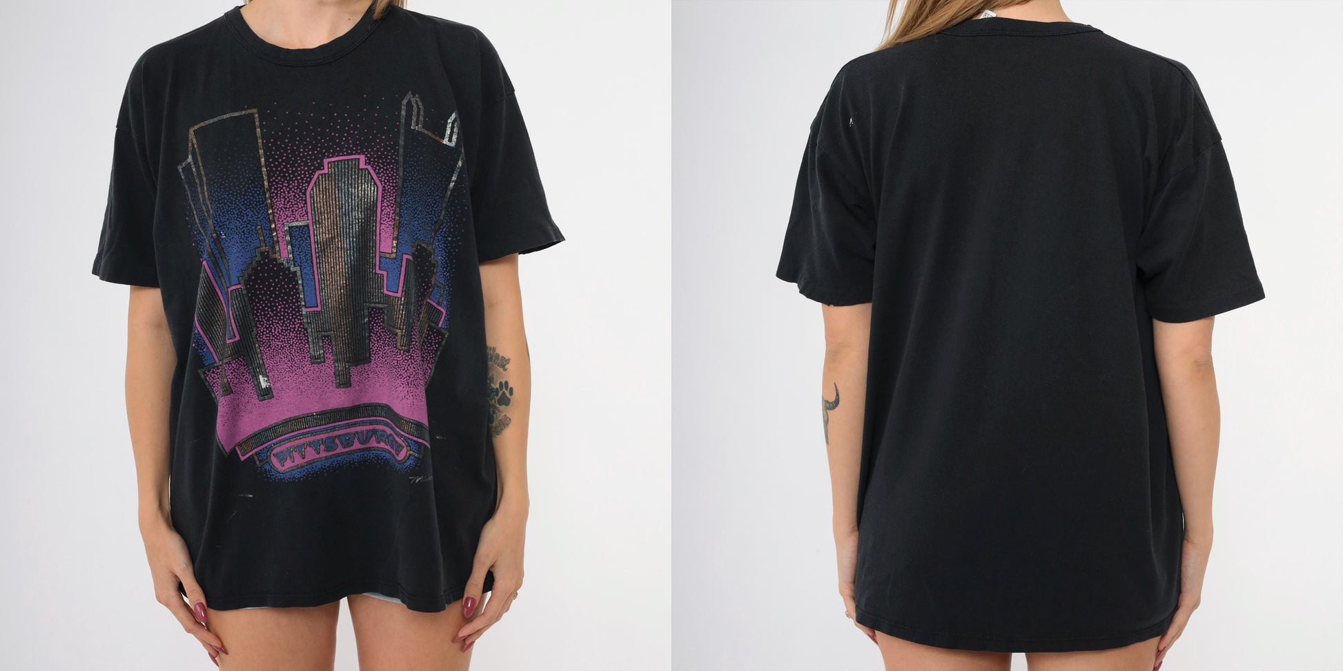 90s Pittsburgh Cityscape Metallic Graphic T-Shirt Black Large