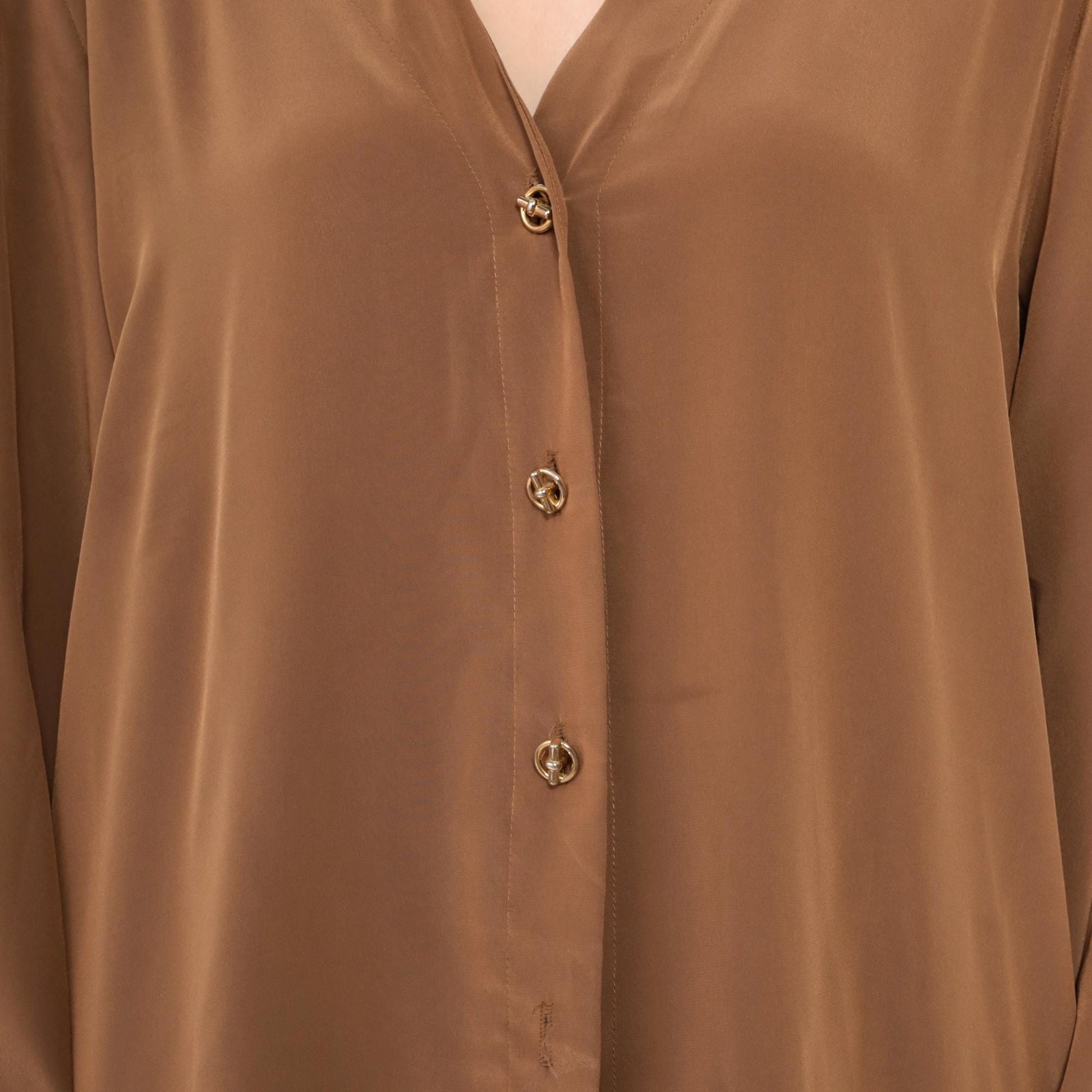 80s Brown Polyester Button-Up Blouse V-Neck Long Sleeve Gold Buttons Medium M