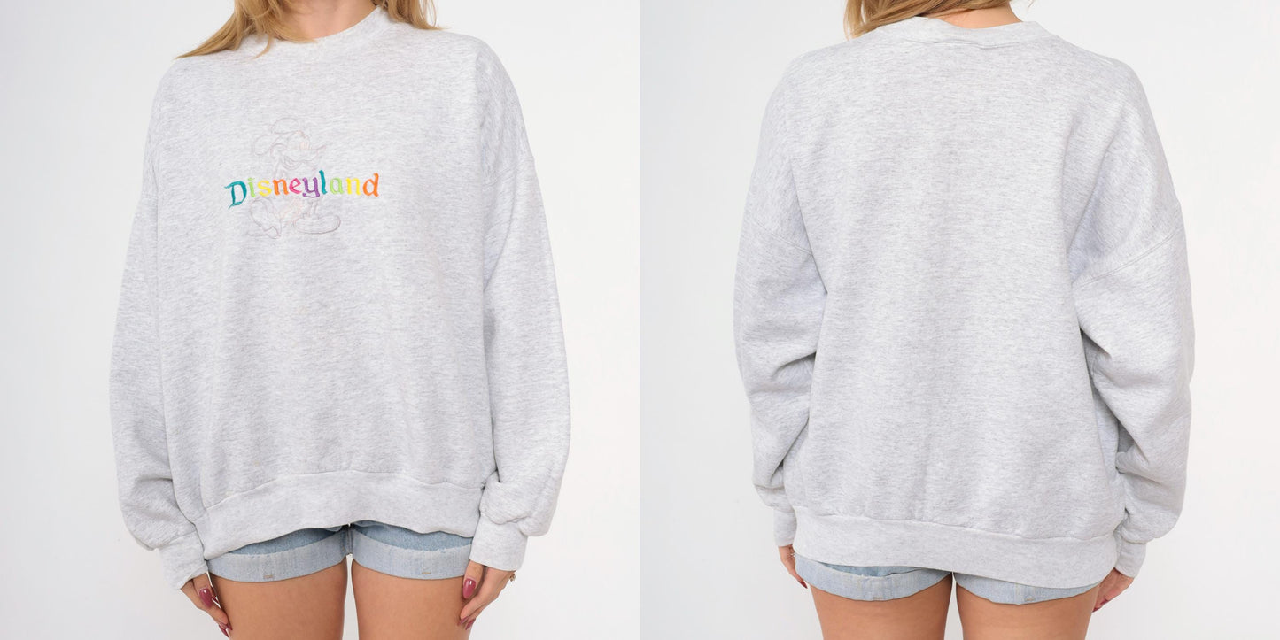 90s Disneyland Mickey Mouse Rainbow Embroidered Sweatshirt Heather Grey Extra Large