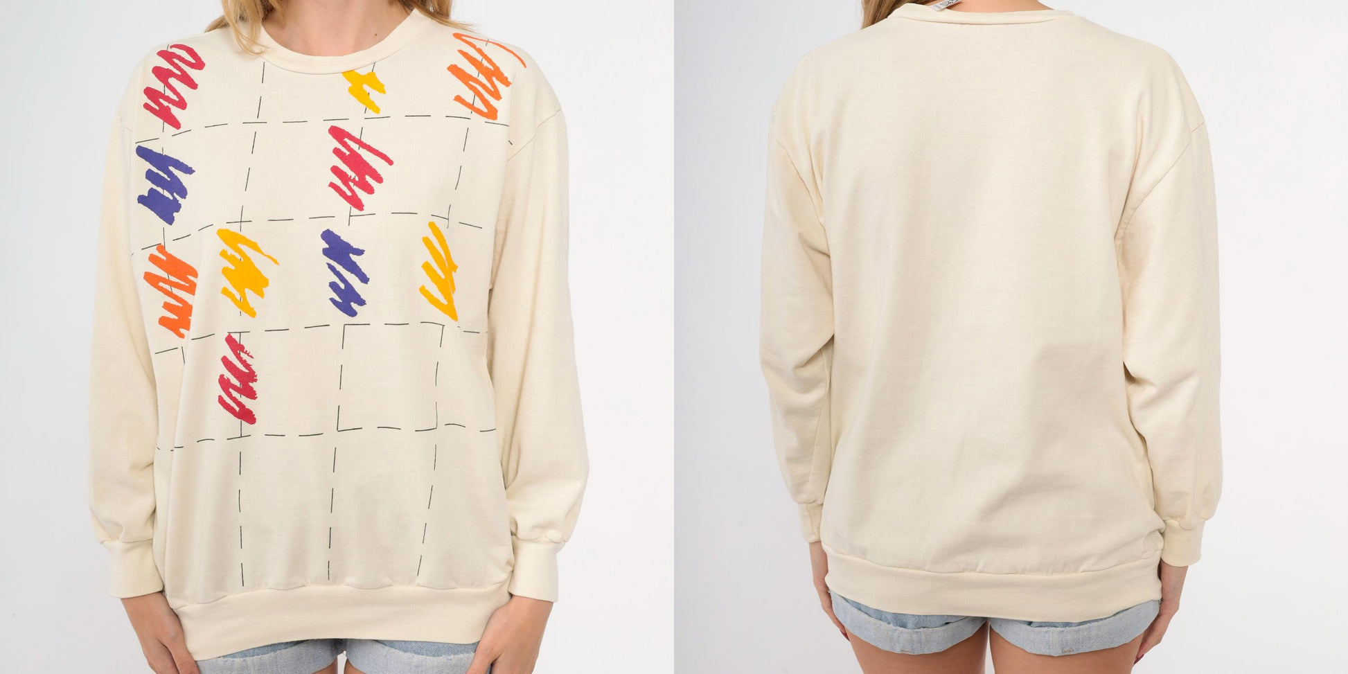 80s Brushstroke Sweatshirt Cream Rainbow Graphic Crewneck Medium