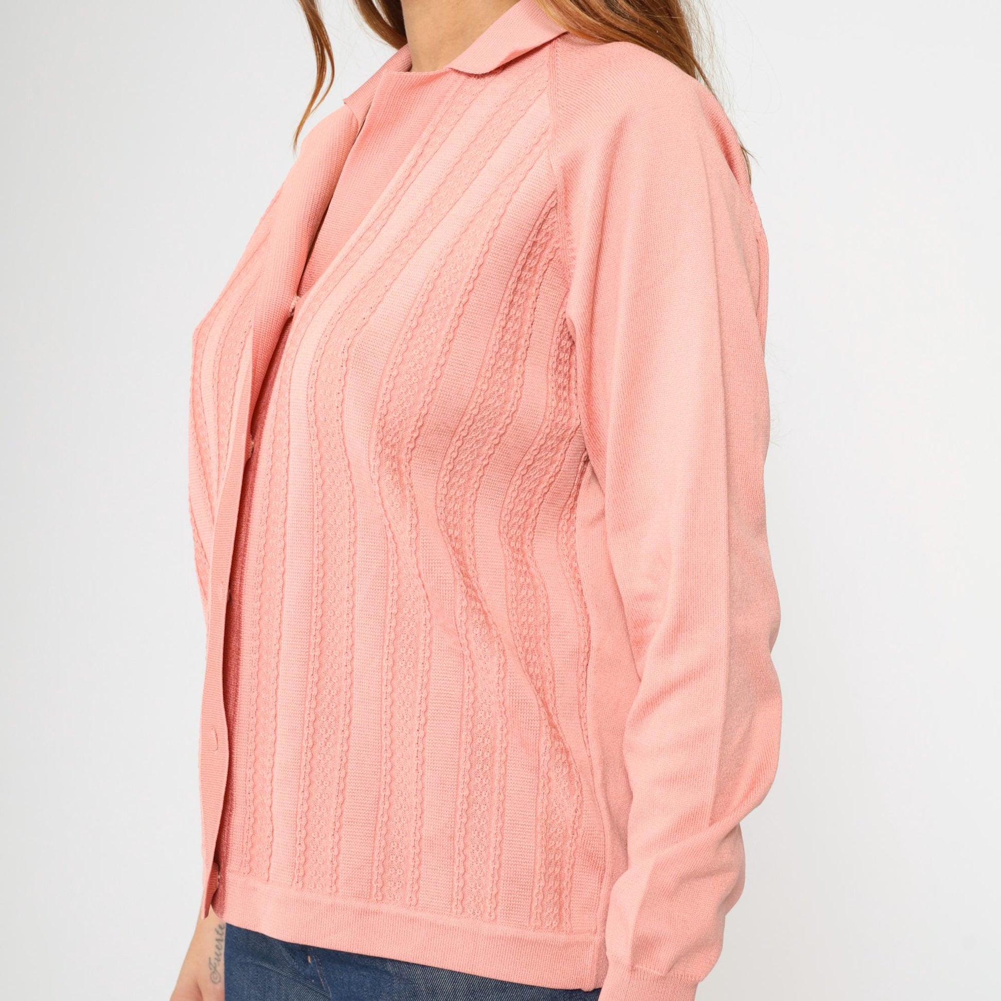 70s Pink Textured Cardigan Sweater Raglan Collar Button-Up Medium
