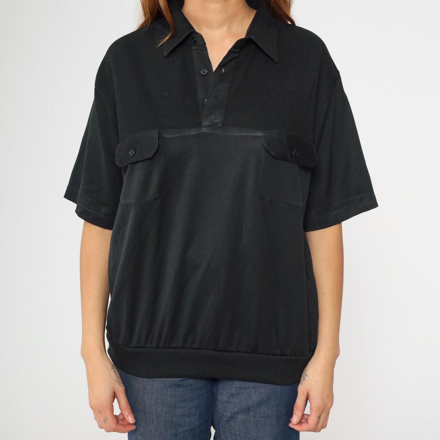90s Black Polo Shirt Quarter Button Knit Yoke Banded Hem Men's Large L