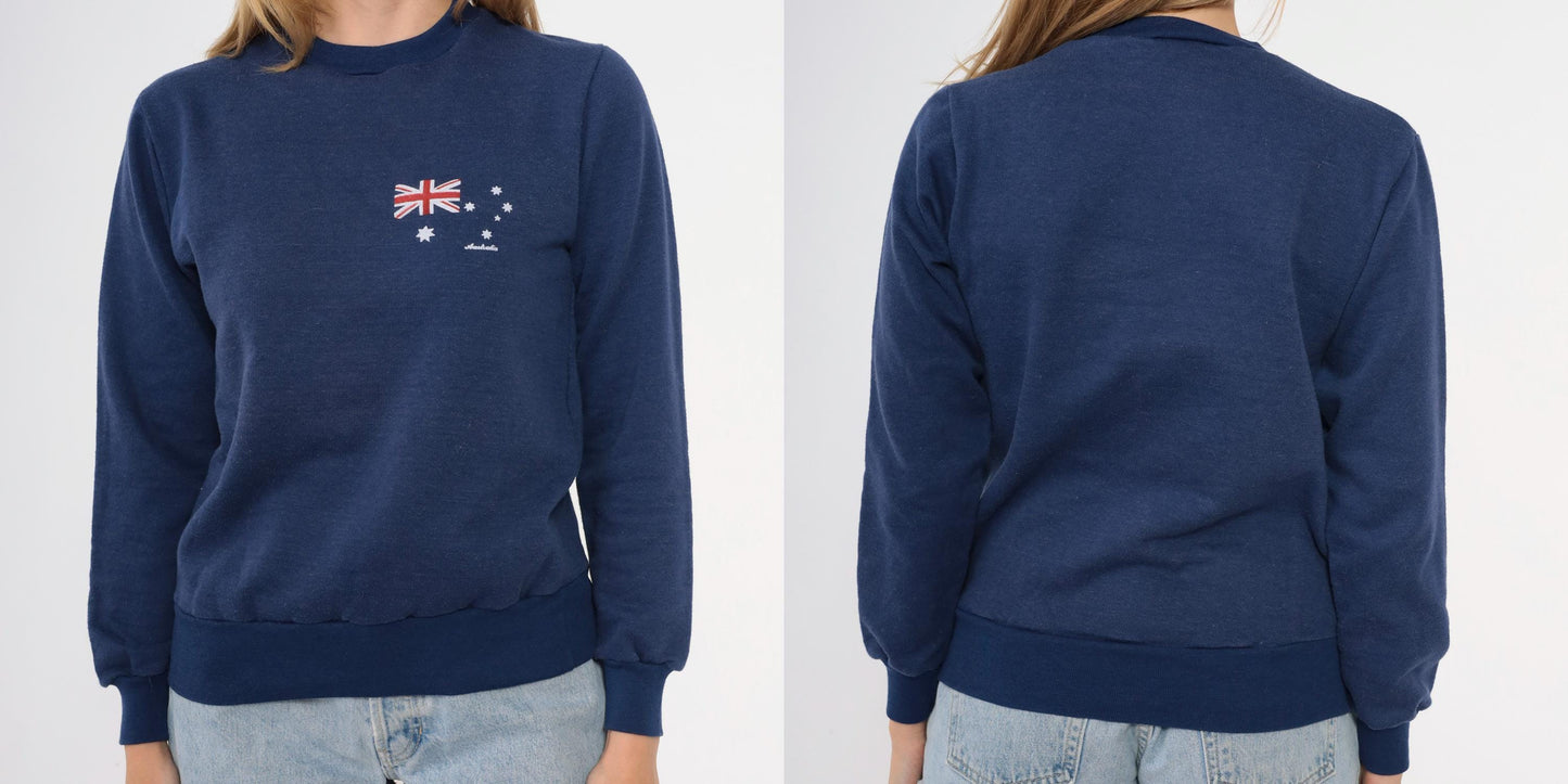 80s Australian Flag Sweatshirt Dark Blue Crewneck Pullover Extra Small XS