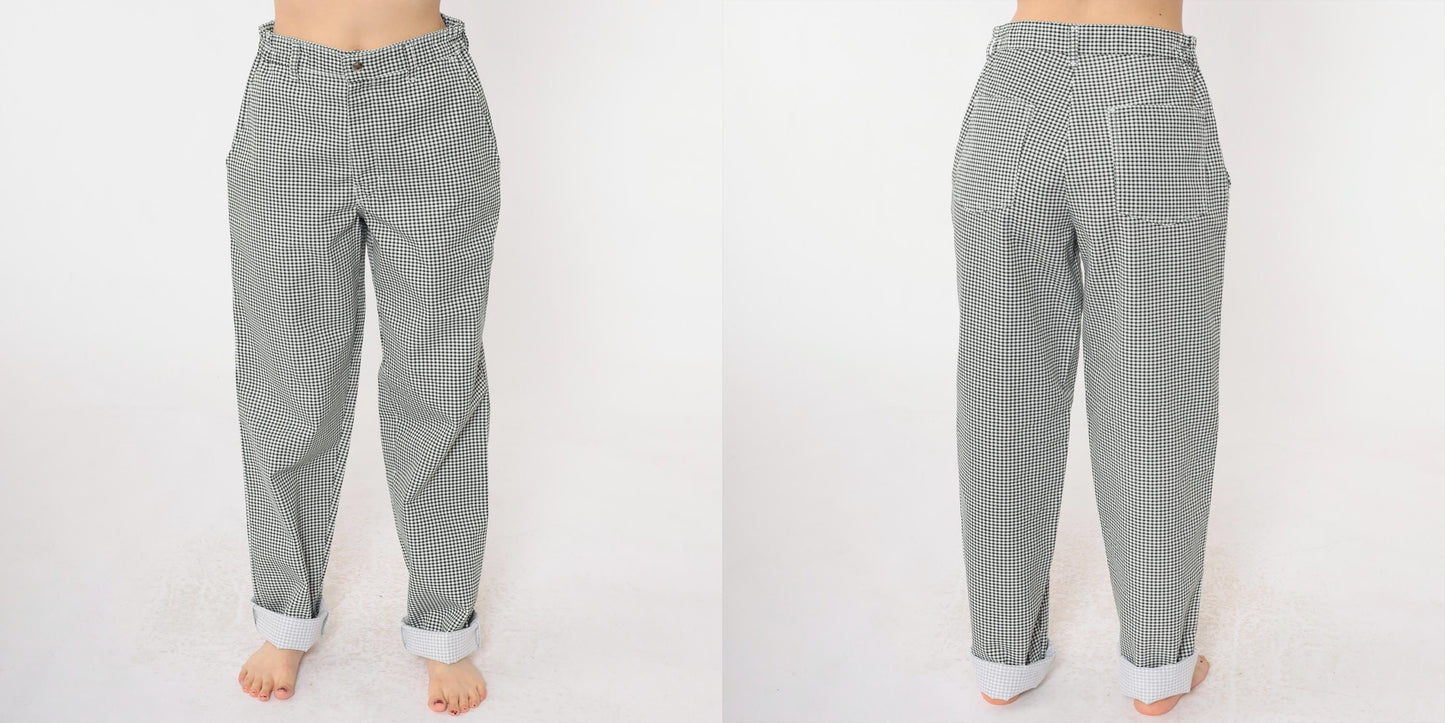 90s Black White Gingham Tapered Trousers High Waist Small S