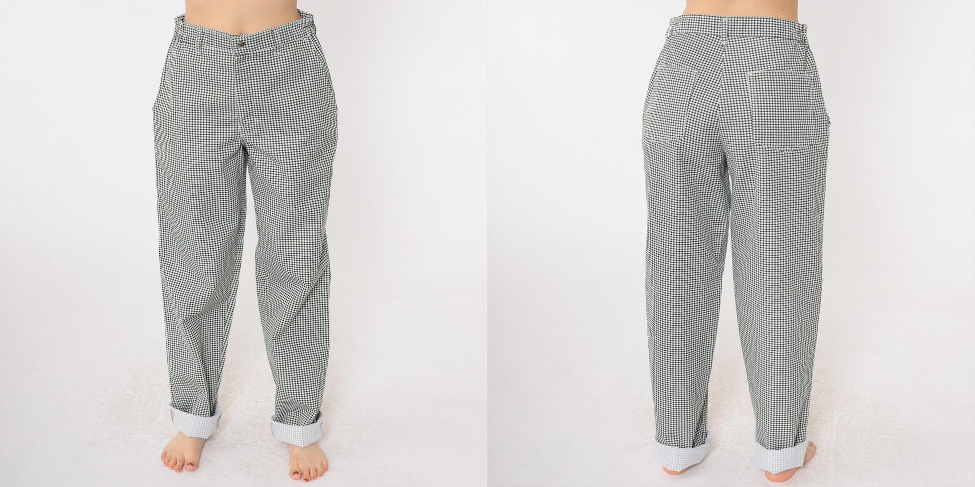 90s Black White Gingham Tapered Trousers High Waist Small S