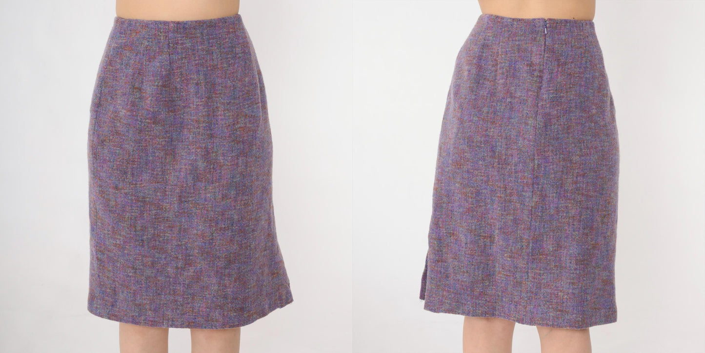 90s Worth Wool Tweed Pencil Skirt Purple High-Waist Knee-Length Small