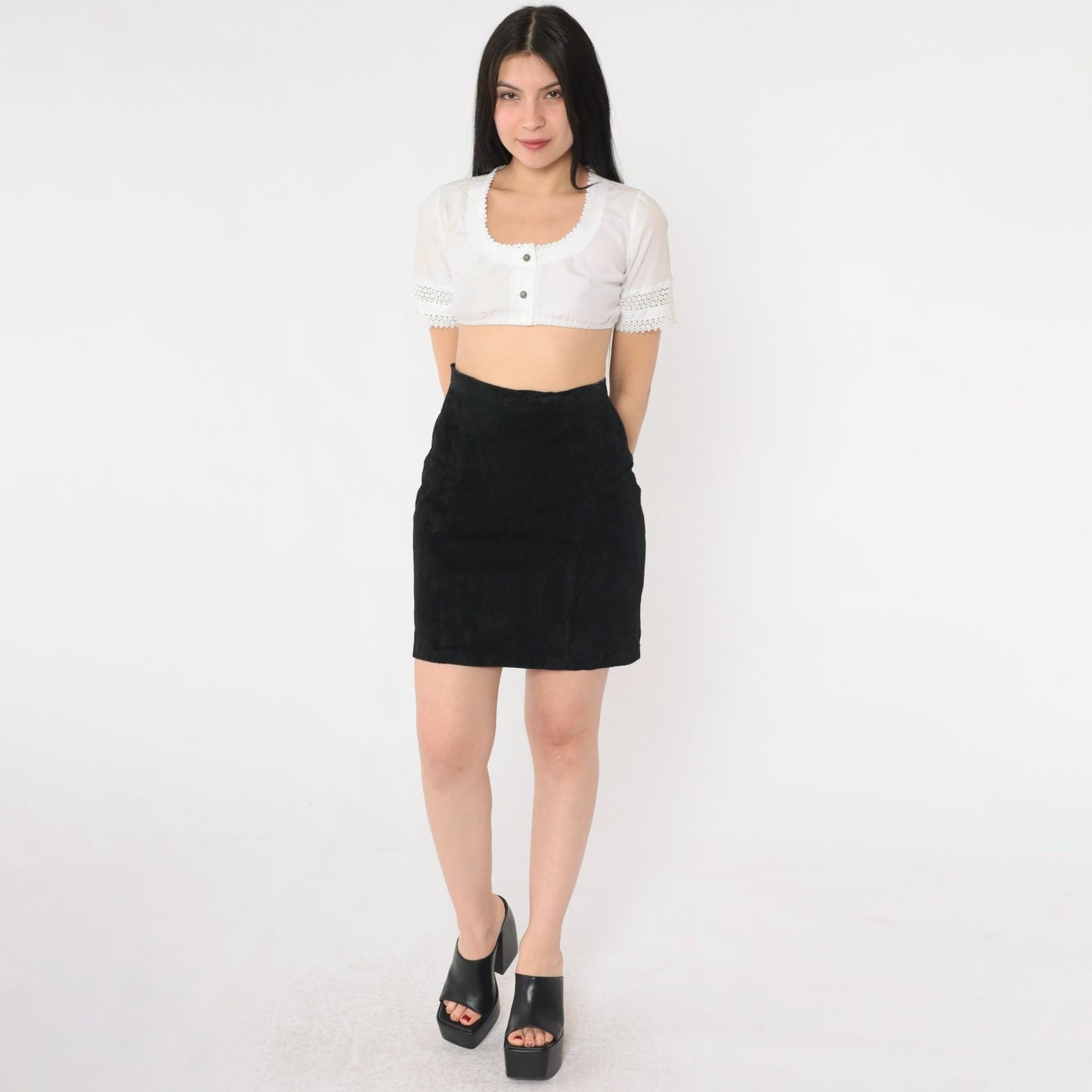 80s Black Suede Mini Skirt High Waisted Bodycon XS