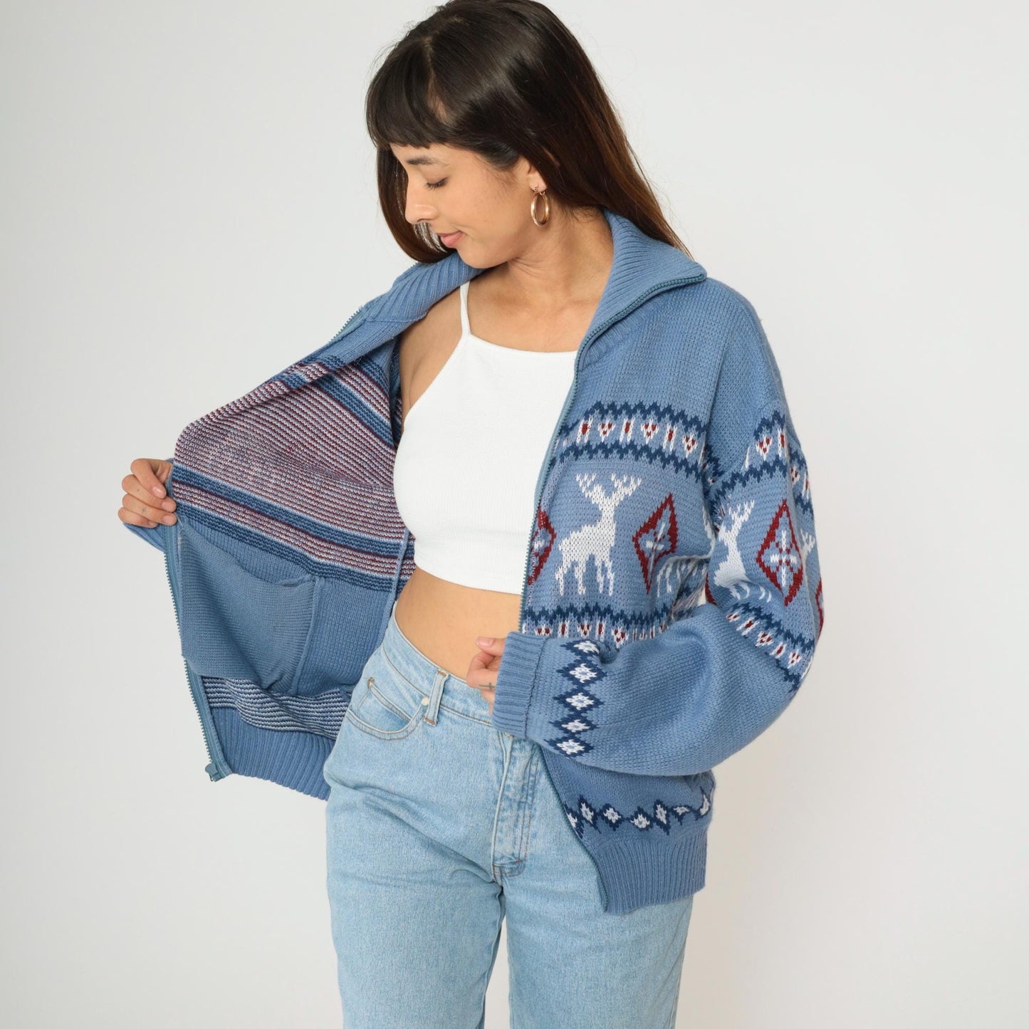 Y2K Fair Isle Reindeer Cardigan Blue Nordic Zip Knit Small S
