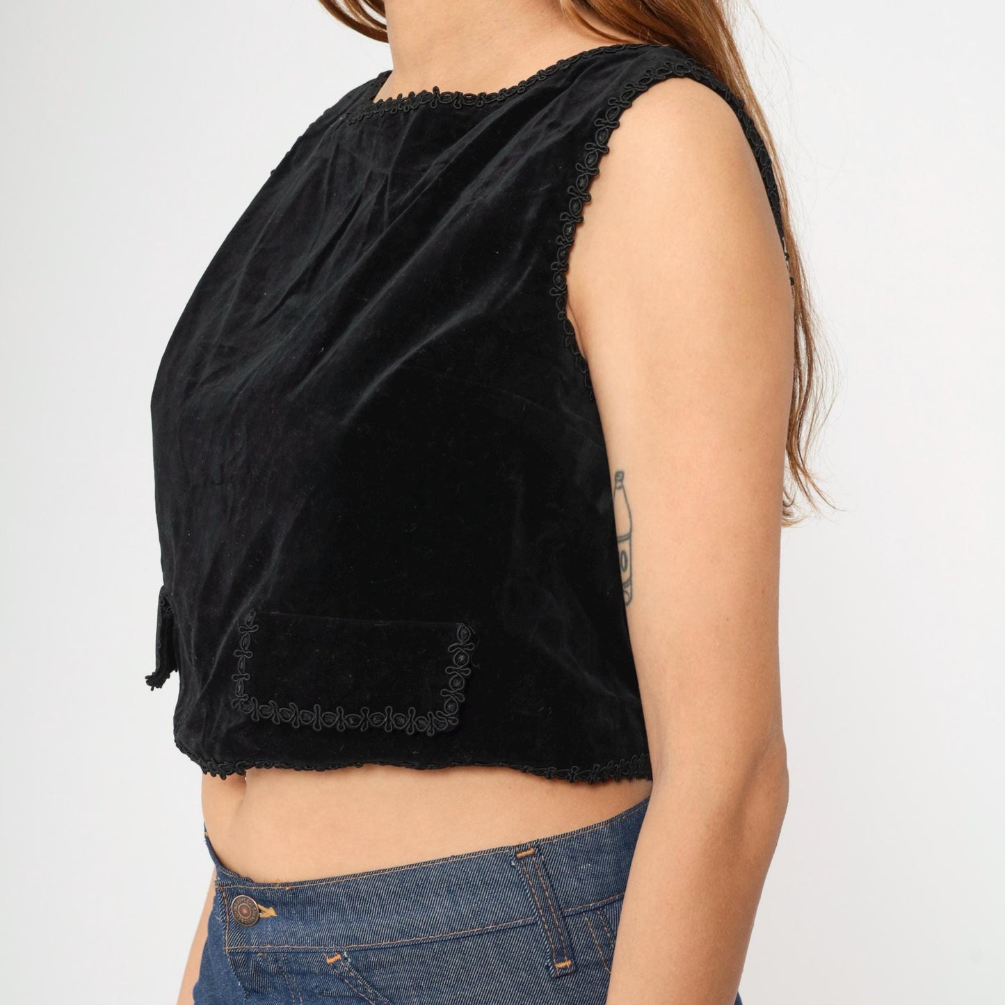 60s Black Velvet Crop Top Sleeveless Button-Back Blouse Small