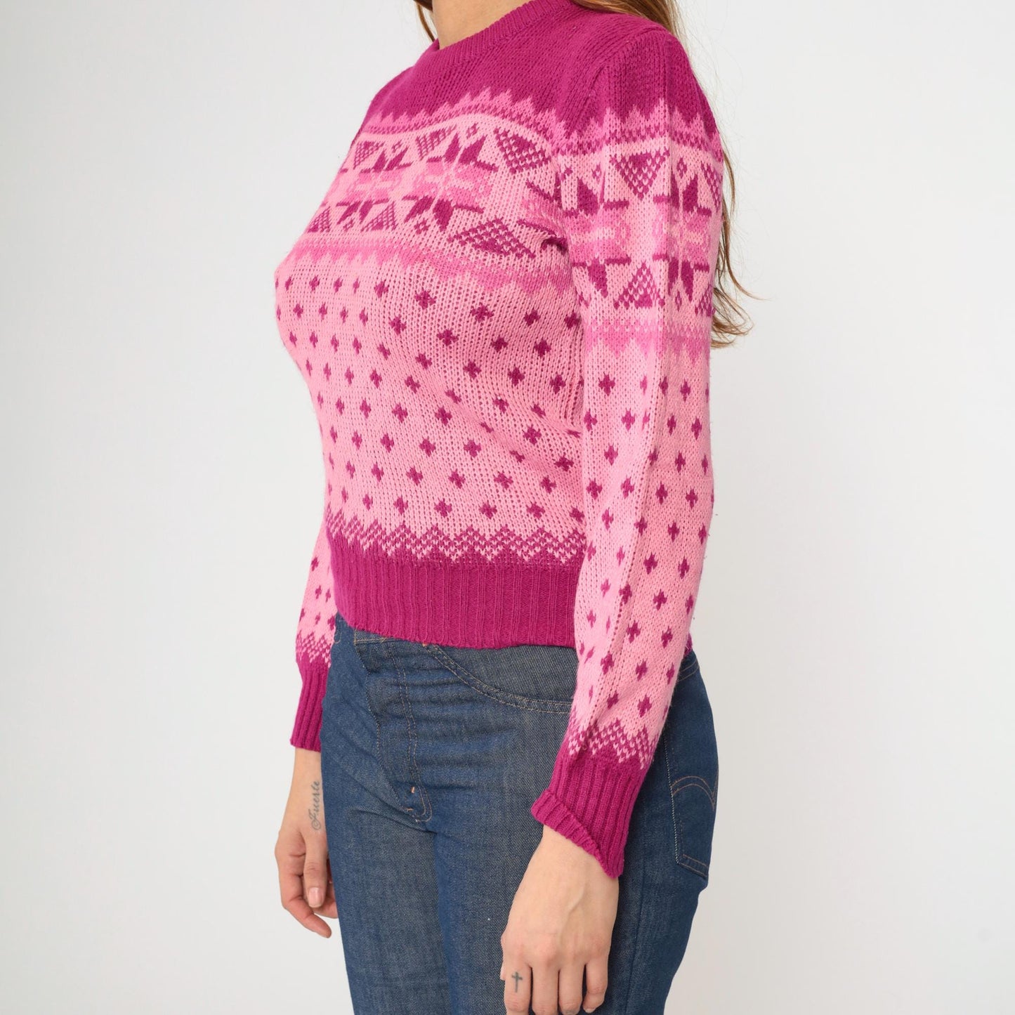 80s Pink Fair Isle Puff Sleeve Sweater Nordic Knit Small