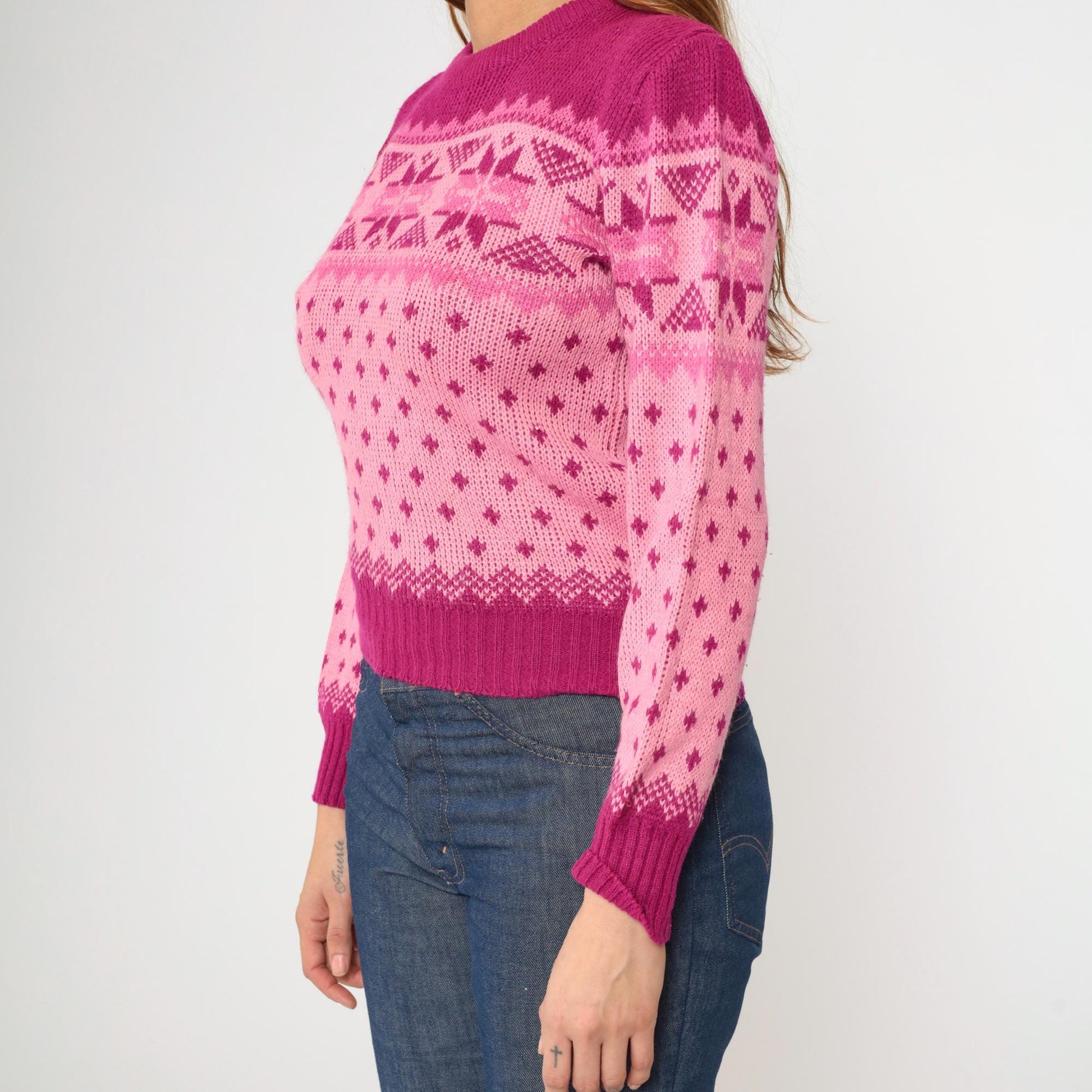 80s Pink Fair Isle Puff Sleeve Sweater Nordic Knit Small