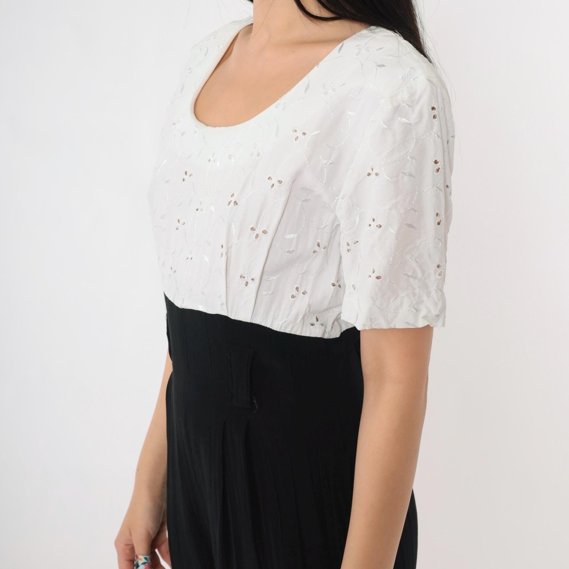 80s Black White Eyelet Lace Jumpsuit Scoop Neck High Waist Small