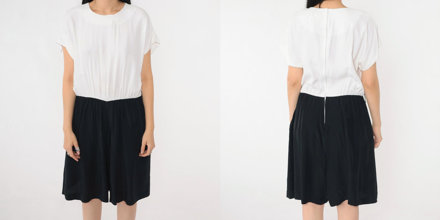 80s Black & White Two-Tone Romper Playsuit Short Sleeve Elastic Waist Large Petite