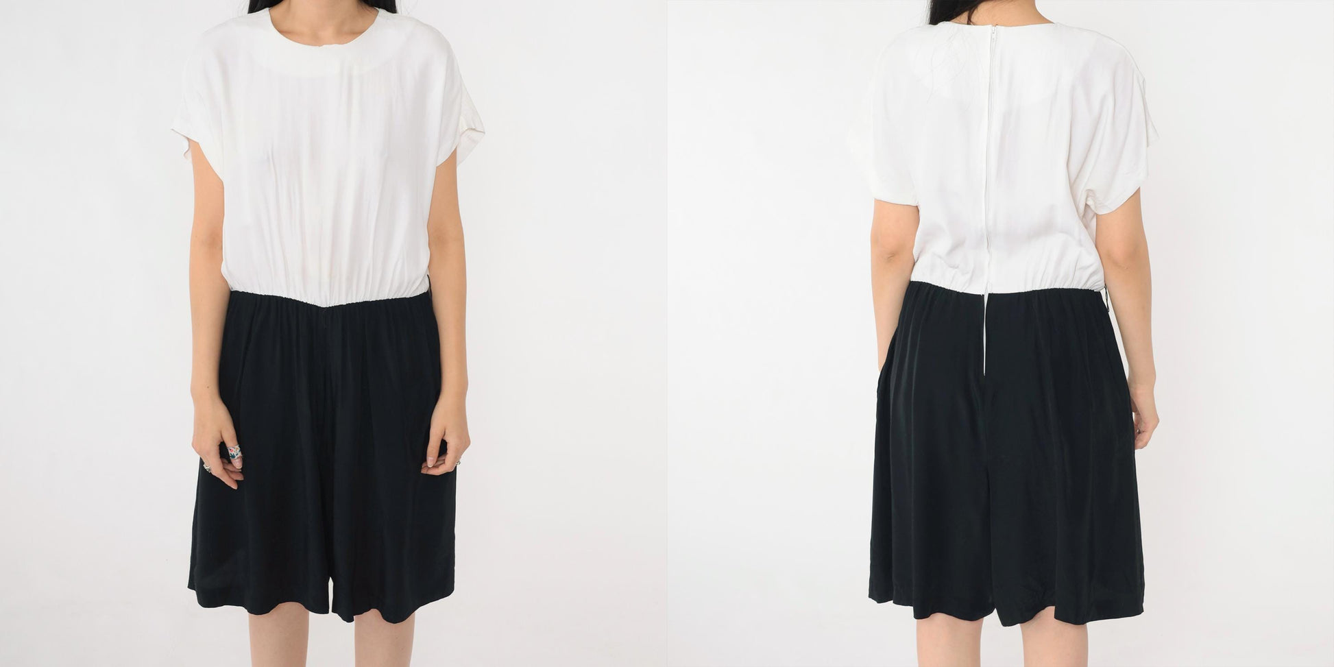 80s Black & White Two-Tone Romper Playsuit Short Sleeve Elastic Waist Large Petite