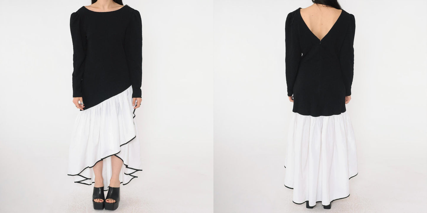 80s Black White Asymmetrical Maxi Dress Puff Sleeve V Back Ruffle Medium