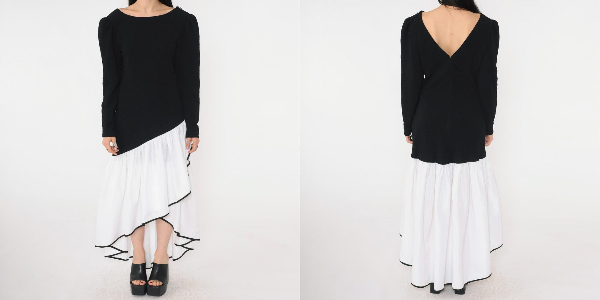 80s Black White Asymmetrical Maxi Dress Puff Sleeve V Back Ruffle Medium