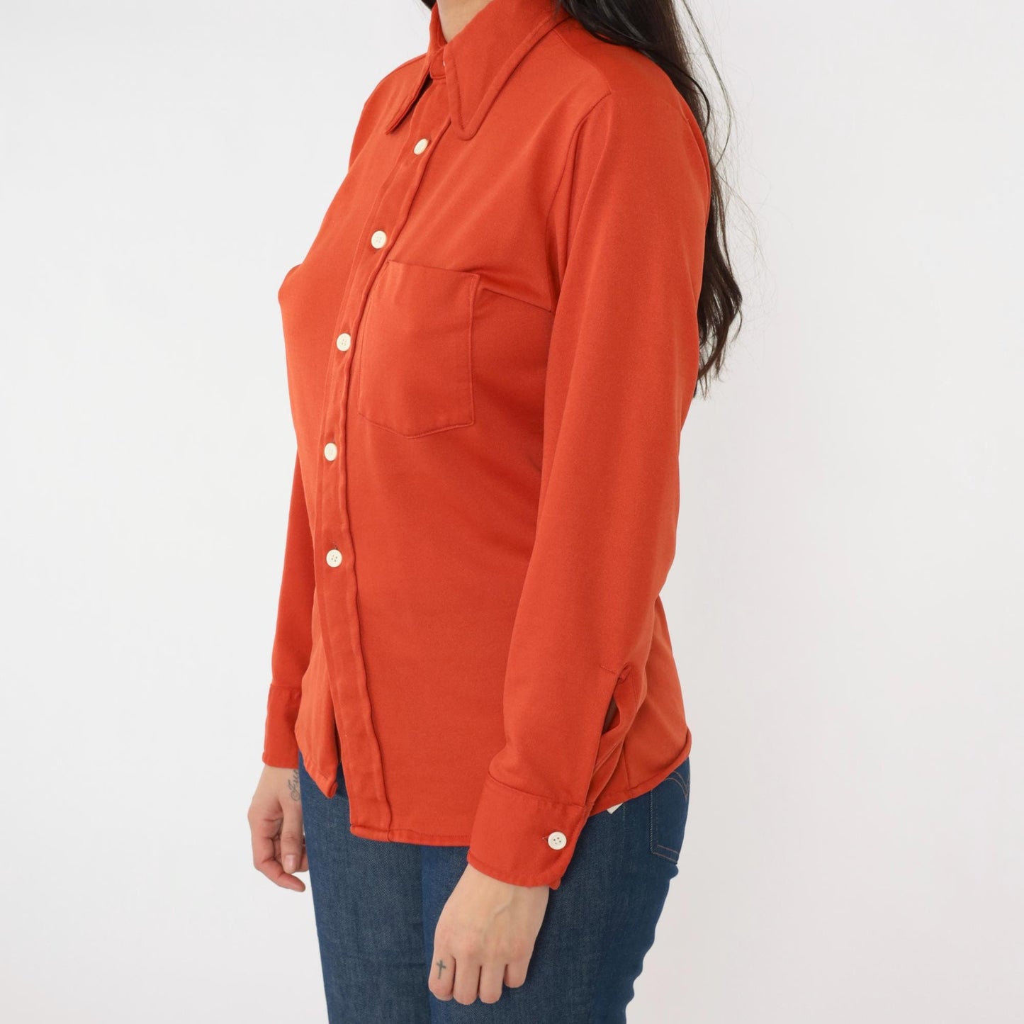 70s Rust Orange Dagger Collar Button-Up Shirt Men's Small