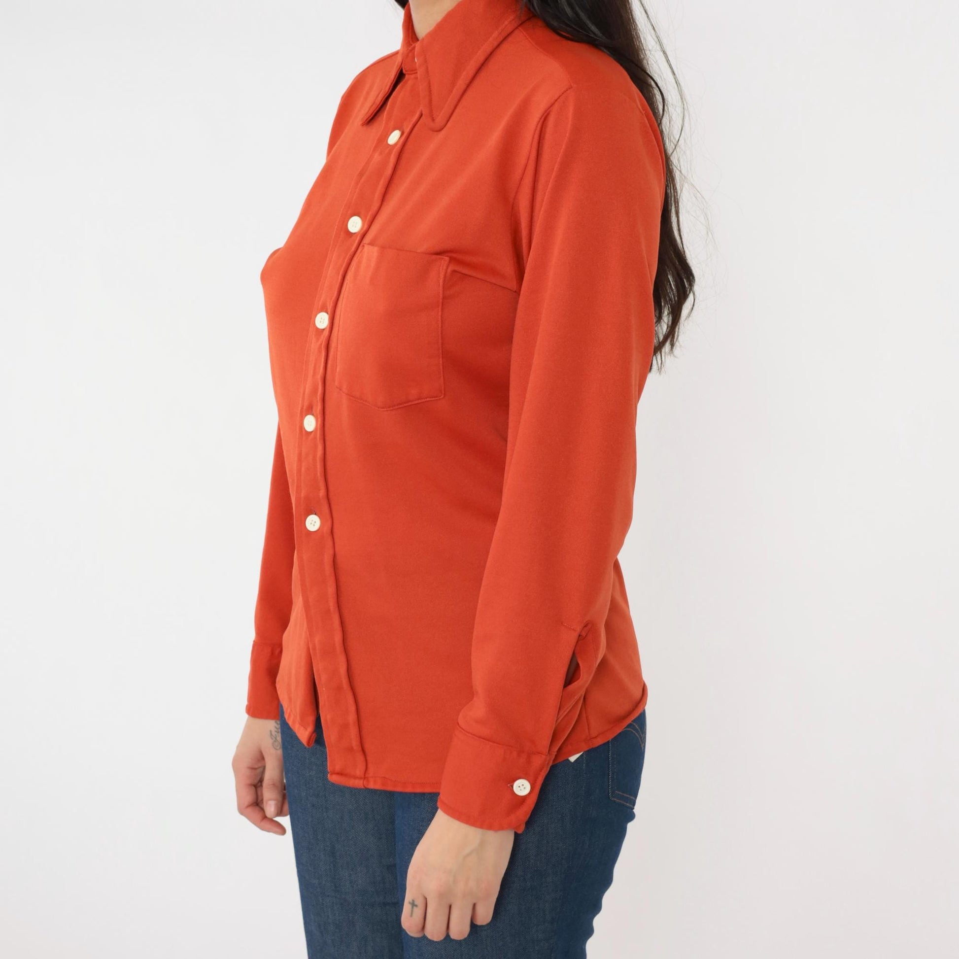 70s Rust Orange Dagger Collar Button-Up Shirt Men's Small