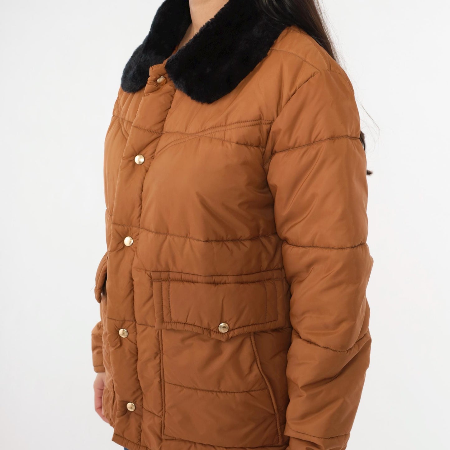 1970s Walls Blizzard Pruf Puffer Ski Jacket Brown Faux Fur Collar Large L