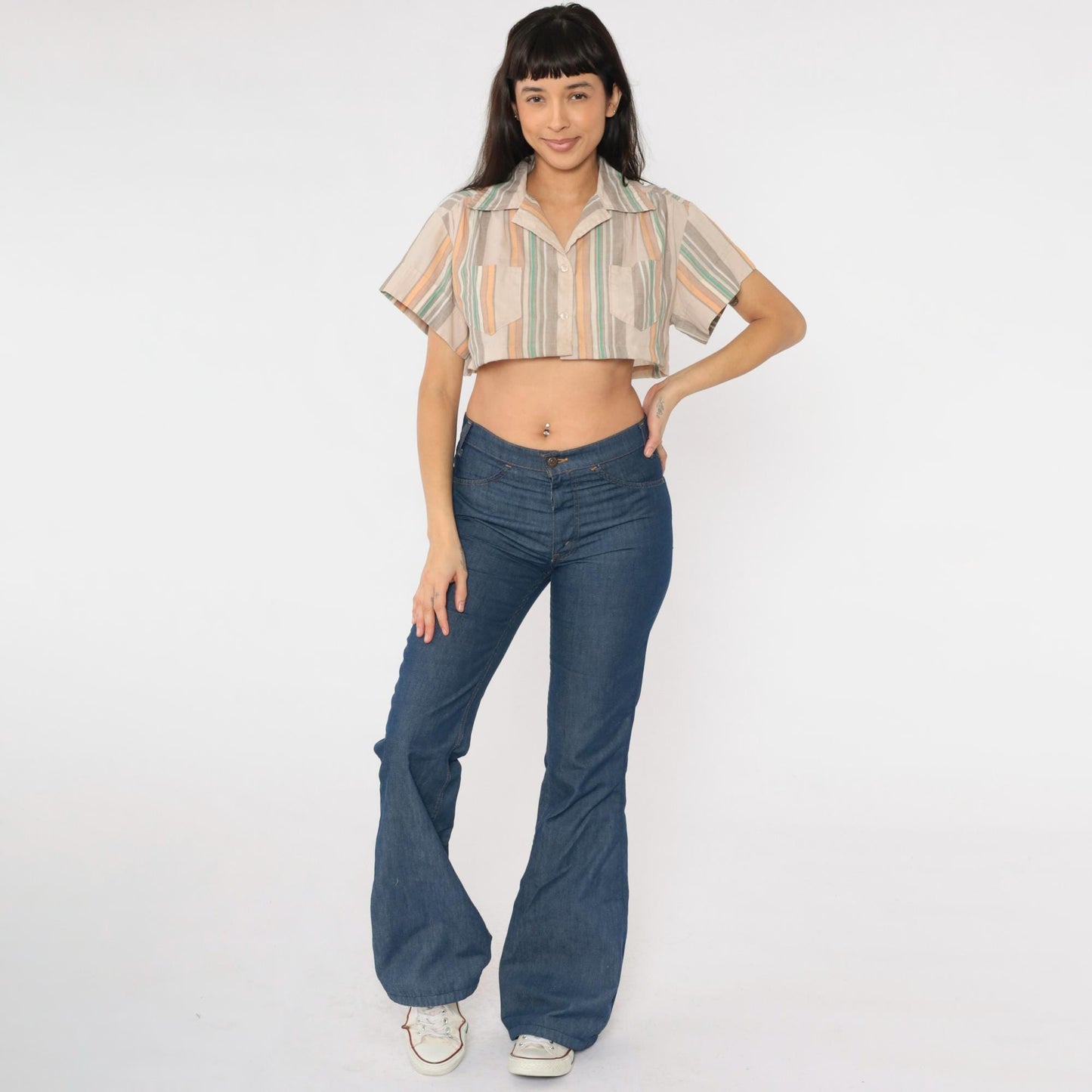 70s Striped Crop Blouse Tan Orange Green Button-Up Shirt Small Medium