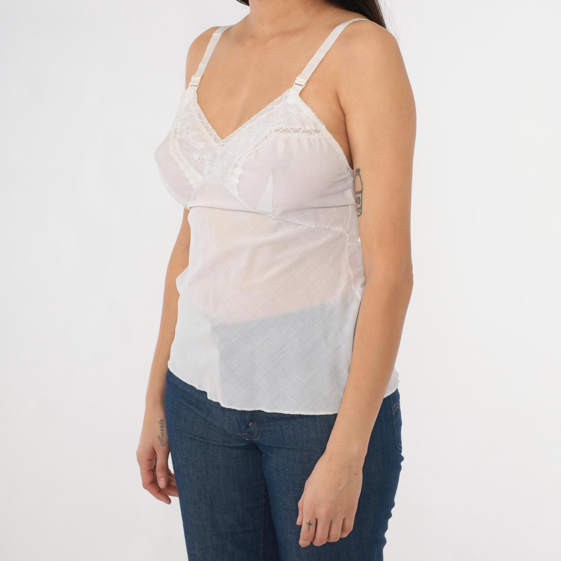 70s White Eyelet Embroidered Lace Camisole Spaghetti Strap Tank Small S