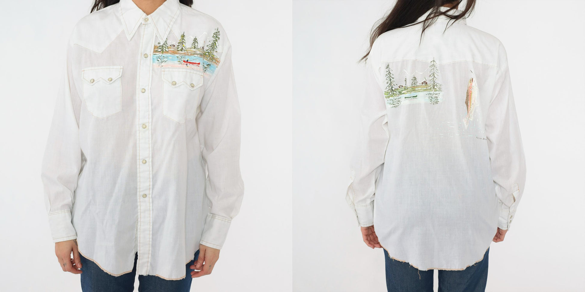 70s Dee-Cee Western Shirt Hand-Painted Fly Fishing Scene Pearl Snap Large L