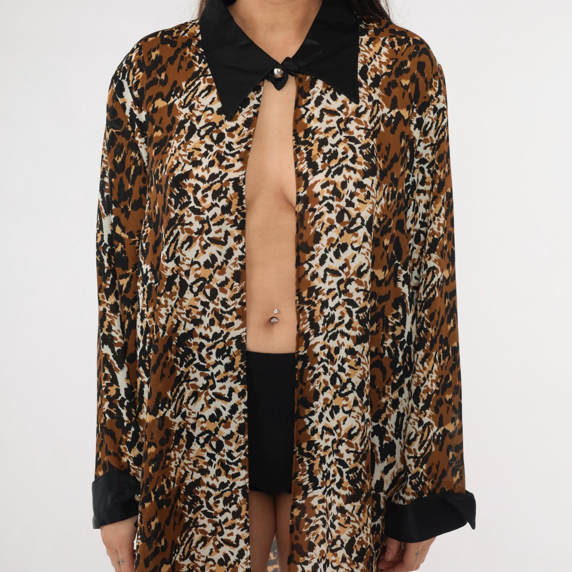 90s Leopard Print Jacket Black Collar Longline Open Front Small Medium