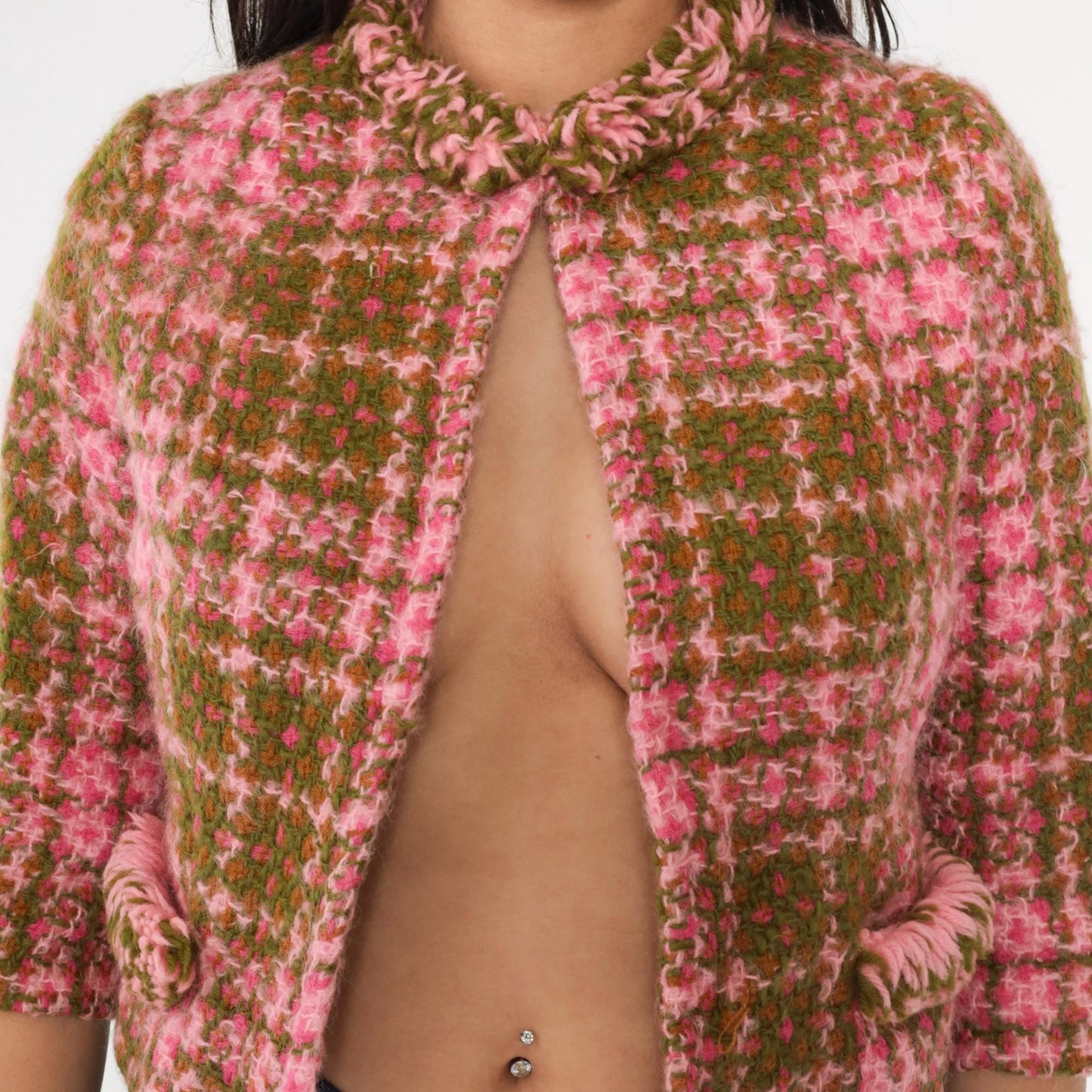 60s Pink Olive Plaid Wool Jacket Cropped Ruffled Collar Extra Small