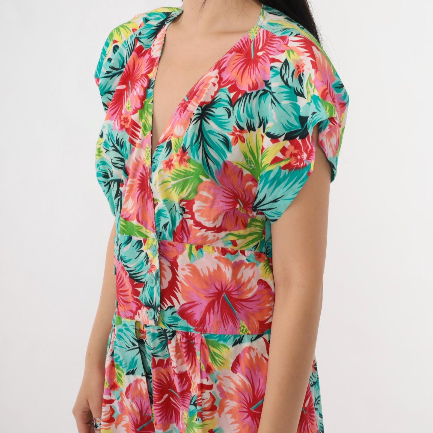 80s Tropical Floral Romper Playsuit Cotton Cap Sleeve High Waist Medium