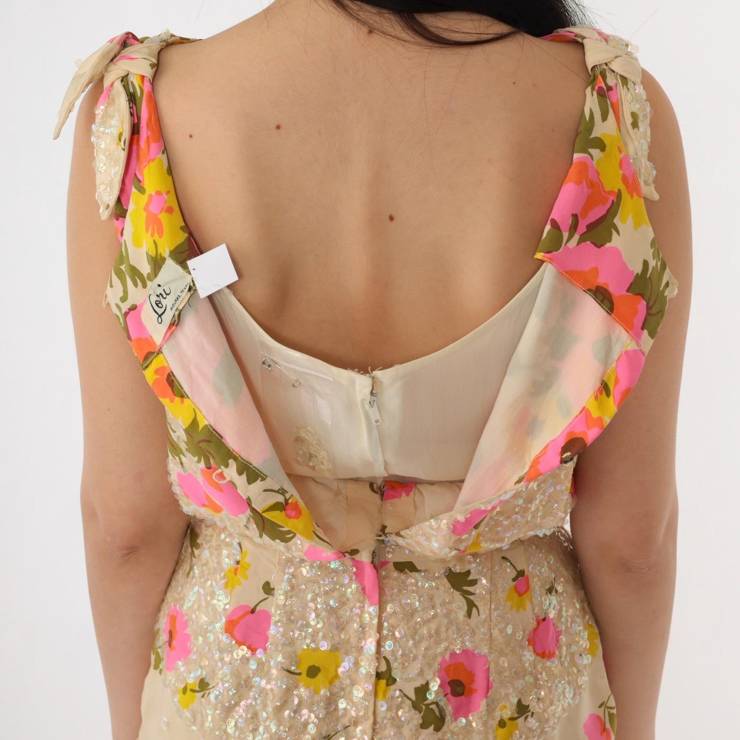 60s Pat Sandler Floral Sequin Cocktail Dress Cream Pink Yellow Extra Small