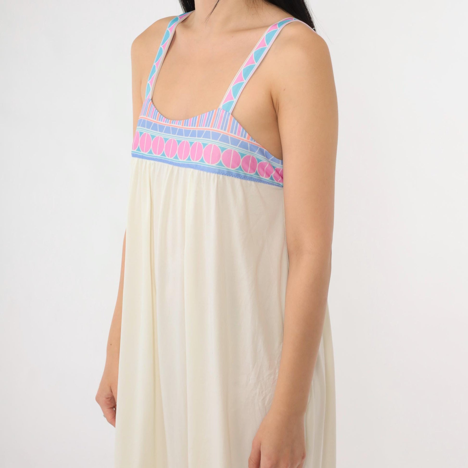 70s Cream Maxi Dress Sleeveless Geometric Trim Sweetheart Neckline Extra Small