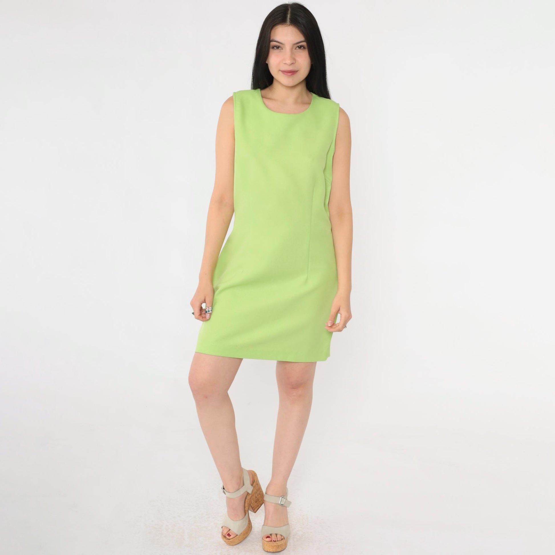 90s Lime Green Sleeveless Mini Dress Sheath Cut Medium 8