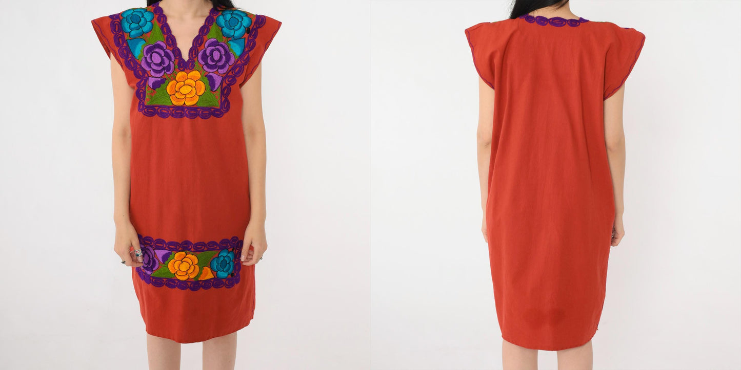 90s Red Mexican Embroidered Midi Dress Floral Tunic Cap Sleeve Medium