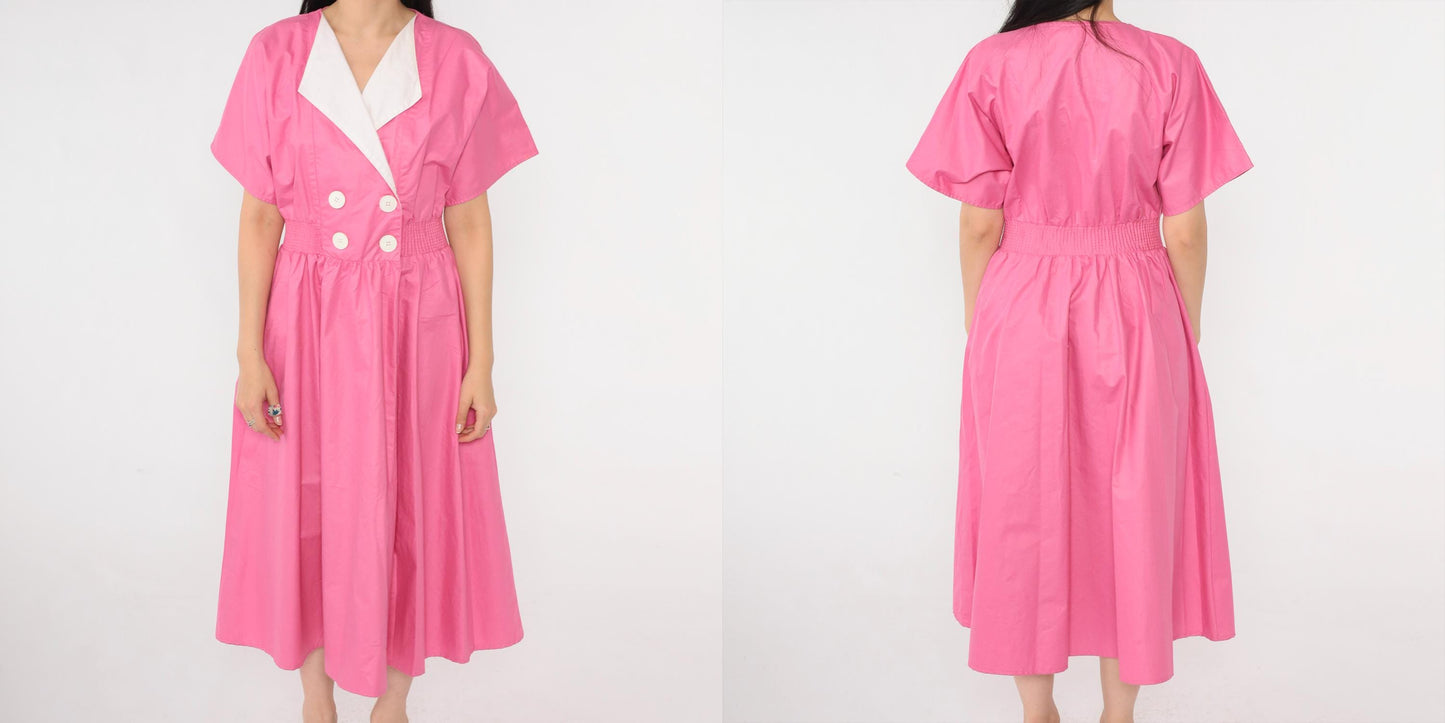 80s Pink Poplin Midi Dress White Lapel Double Breasted Elastic Waist Small