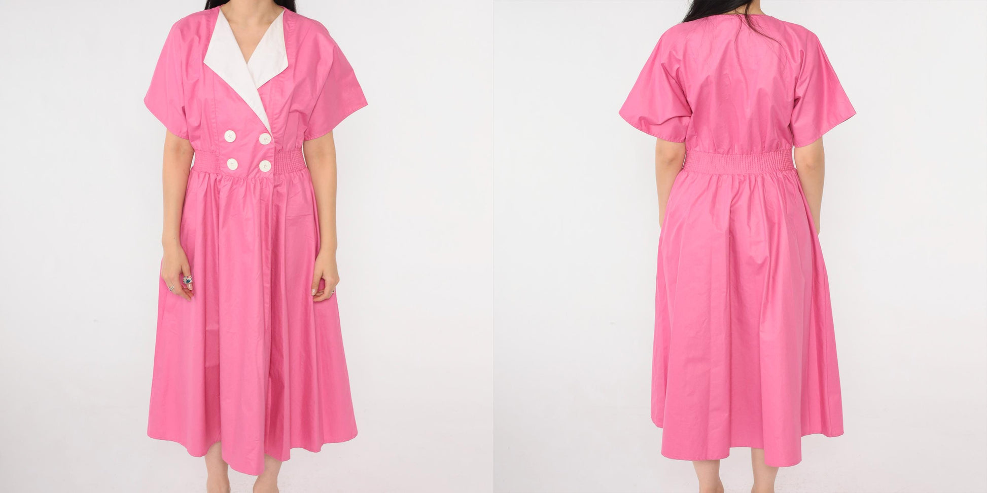 80s Pink Poplin Midi Dress White Lapel Double Breasted Elastic Waist Small