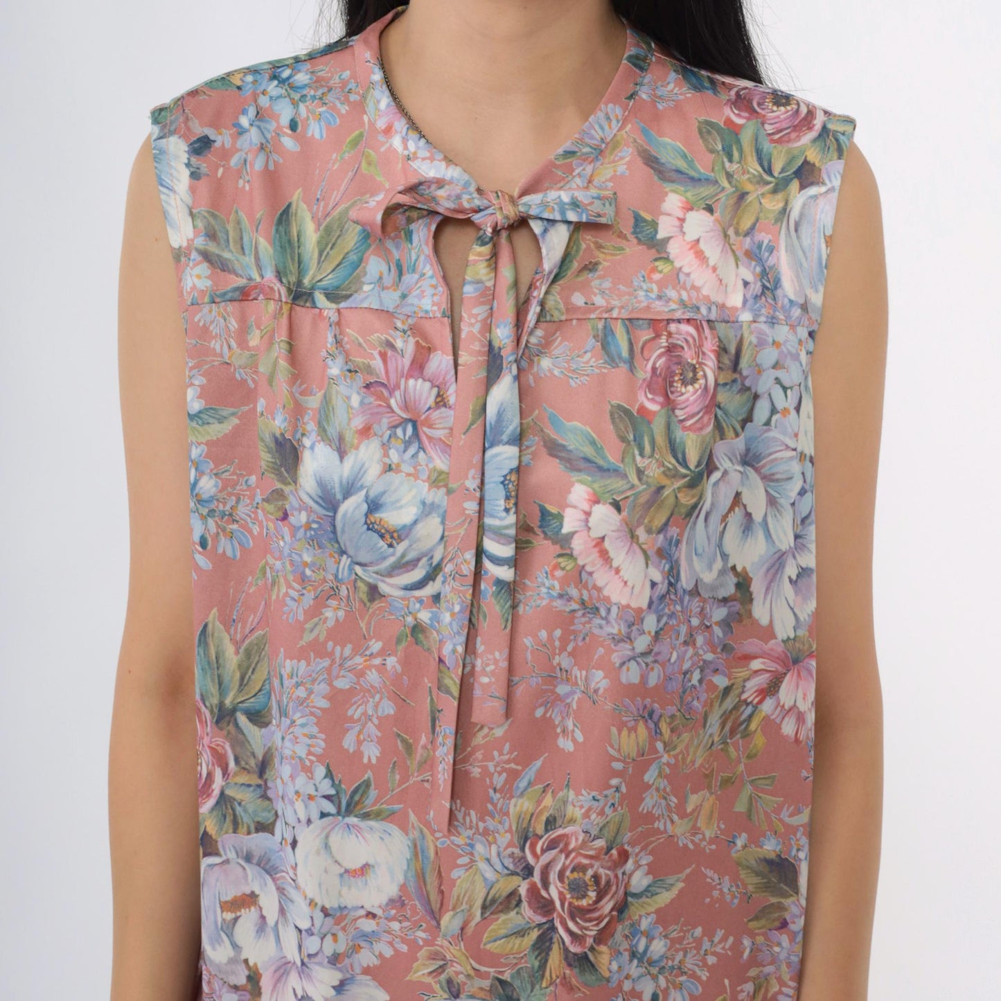 70s Mod Floral Shift Dress Dusty Pink Keyhole Tie Neck Sleeveless Mini Large L
