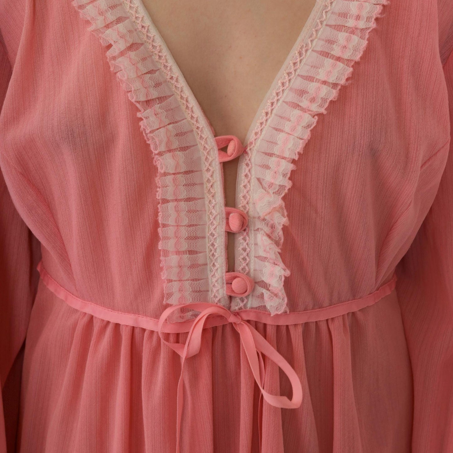70s Pink Babydoll Dress Puff Sleeve Empire Waist Mini Sheer Ruffle Trim Large