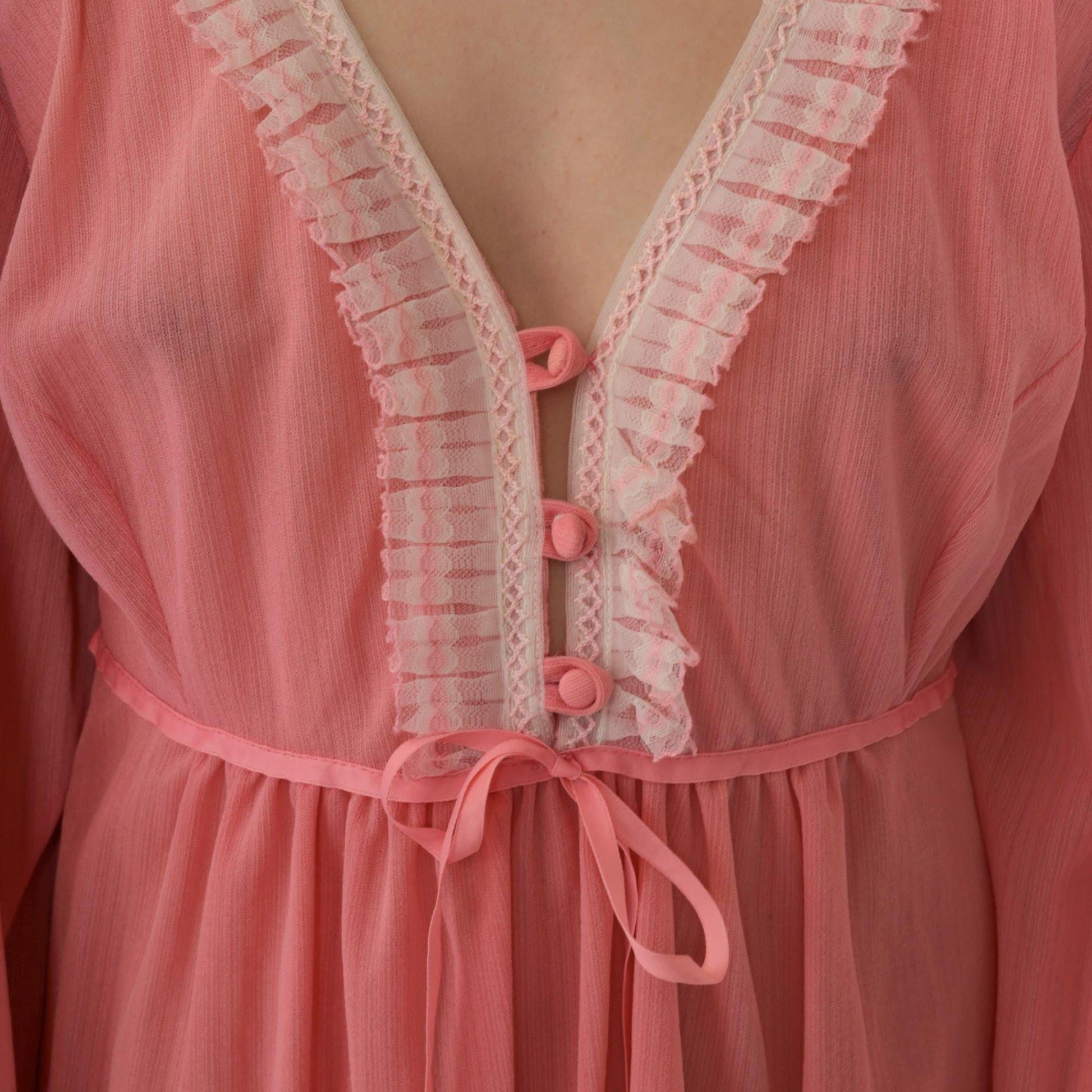 70s Pink Babydoll Dress Puff Sleeve Empire Waist Mini Sheer Ruffle Trim Large