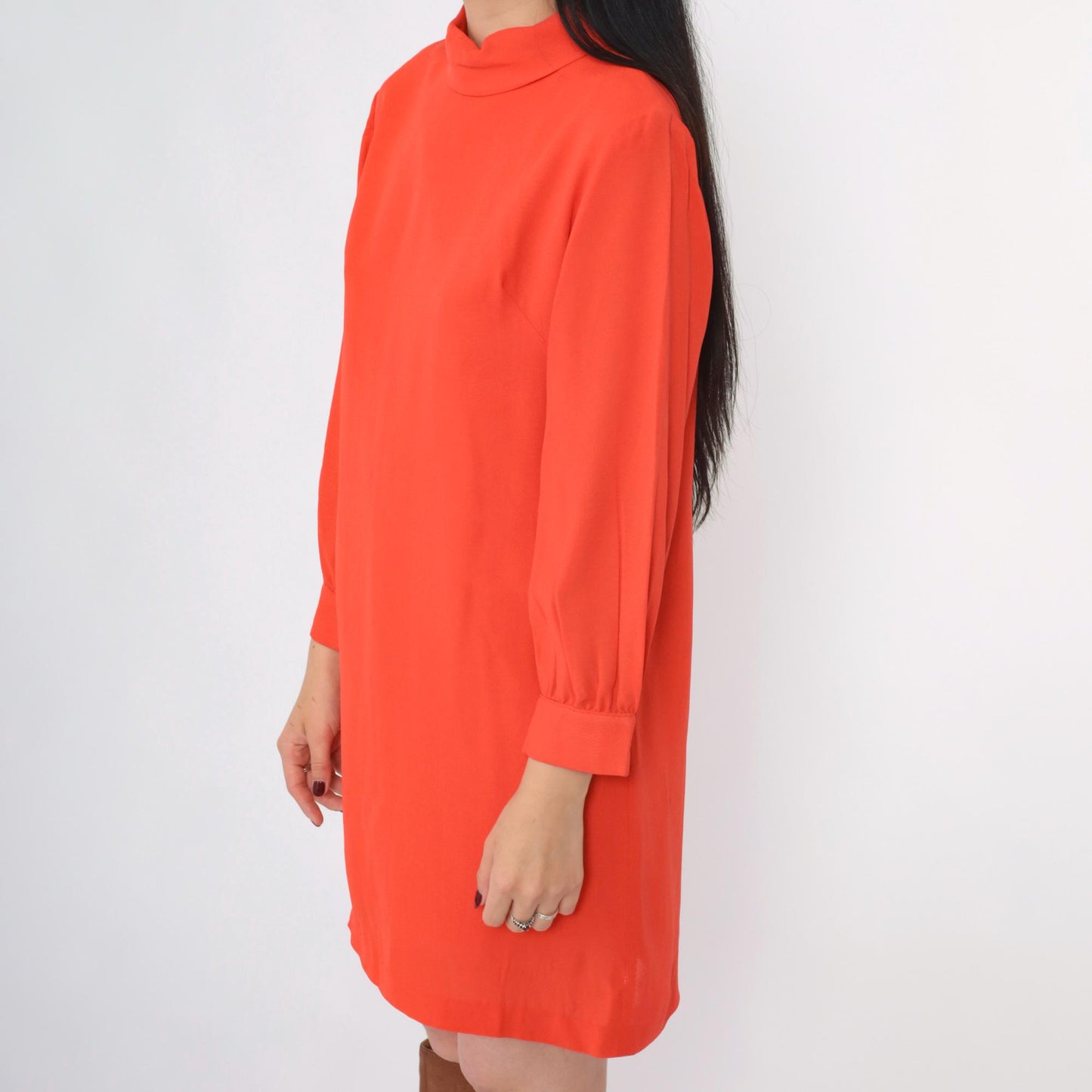 60s Orange Shift Dress Mock Neck Long Sleeve Mini Mod Space Age Small